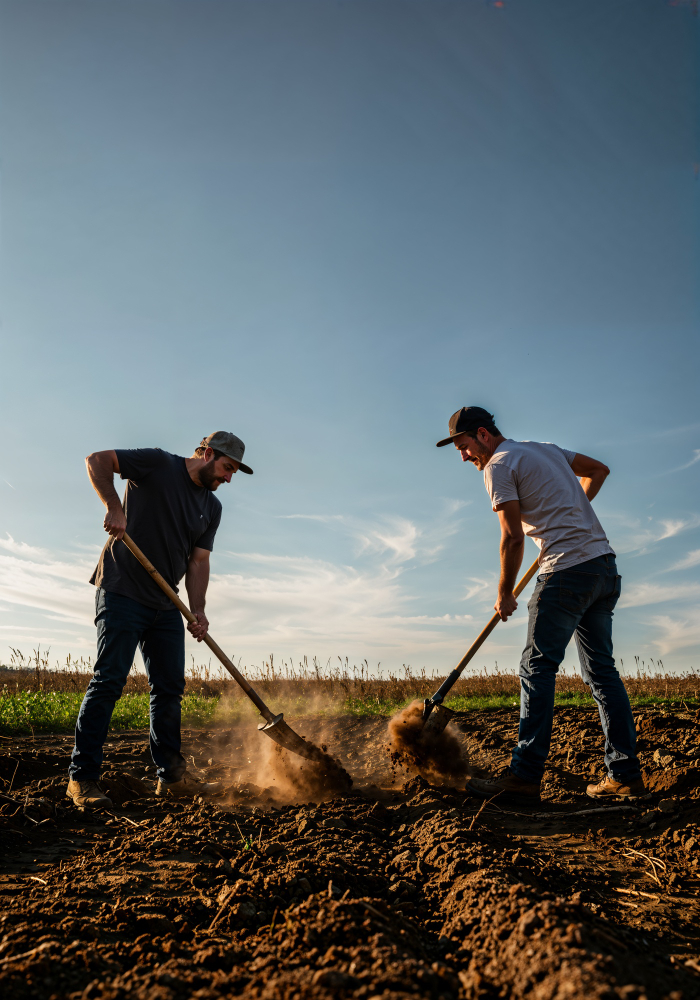 Dos agricultores trabajando la tierra en una finca agrícola